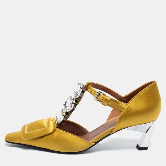 Marni Shoes - Marni Yellow Satin Crystal Embellished T-Bar Pumps Size 36